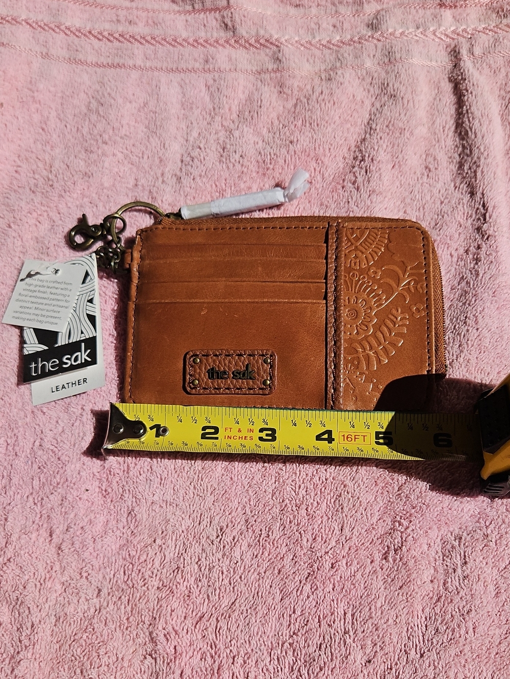 The Sak Brown Embossed Leather Zip Card Holder with Key Ring